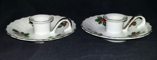 Vtg Christmas Lefton China Hand Painted Holly Berry Candle Holders 7945/ set/2