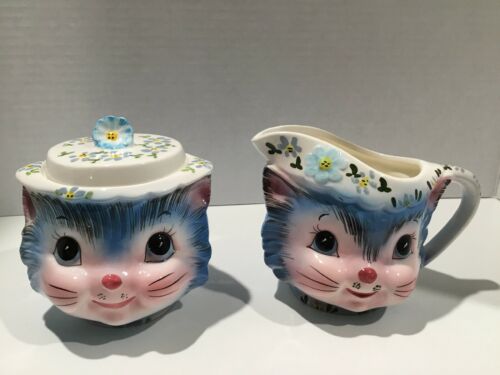 VINTAGE LEFTON BLUE MISS PRISS KITTY CREAMER AND SUGAR WITH LID # 1508 Original
