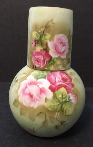 Lefton China Heritage Rose Green W/Pink Roses Tumble Up Water Set Carafe & Glass