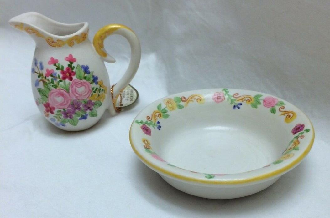 Miniature Ceramic Pitcher and Saucer Floral Design Hand Made Hand Painted  NEW