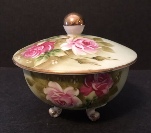 Vintage Lefton Heritage Rose Large Green W/ Pink Roses Trinket Box #4053