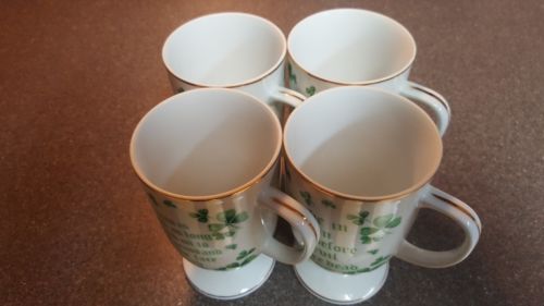 Four Lefton china Irish coffee pedestal mugs with shamrocks and gold trim