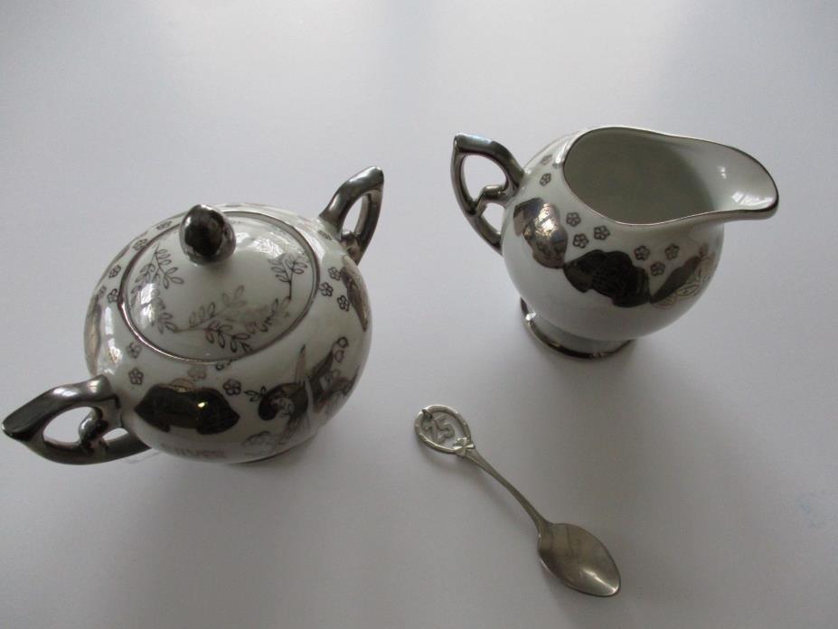 Vintage 25th anniversary  sugar bowl & creamer with spoon