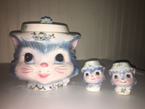 Vintage Lefton Miss Priss Cat Cookie Jar With Shakers EXCELLENT