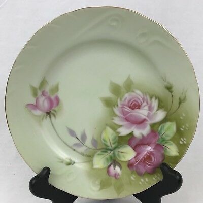 Lefton Green Heritage Plate Salad 7.25 Inches Pink Roses Gold Trim NE3068