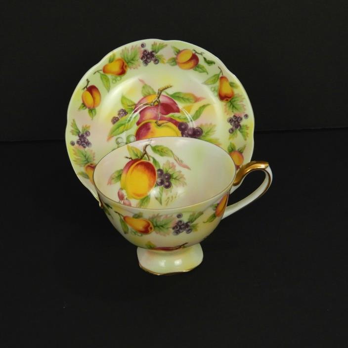 Lefton China Coffee Cup Saucer Fruit Pattern Hand Painted Gold Trim E2722 Signed