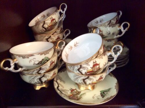 Set 12 Cups & 12 Saucers Bone China. Hand Painted Gold Incrusted Enameled Japan