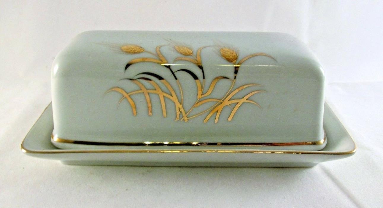 LEFTON 2 PIECE COVERED BUTTER DISH CHINA GOLD TRIM WHEAT DESIGN