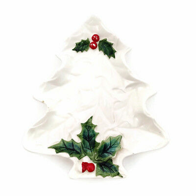 Vintage Lefton Christmas Tree Relish Dish White Holly & Berries Ceramic