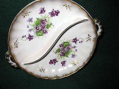 Lefton Divided Relish Dish Purple Flowers Gold Trim