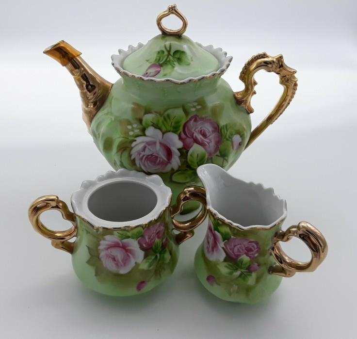 Lefton Heritage Teapot/Creamer/Sugar Bowl Green w/ Roses, Gold Detail China Vtg