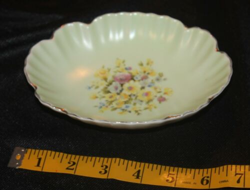 vintage Lefton China Soap Dish / Trinket Bowl = Green Floral pattern - #7686