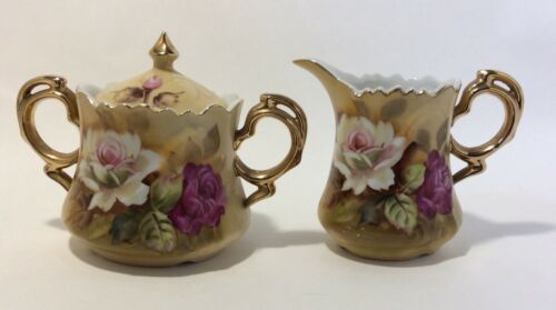 Vintage Lefton Cream & Sugar Heritage Brown w/ Pink Roses Floral NE 1867