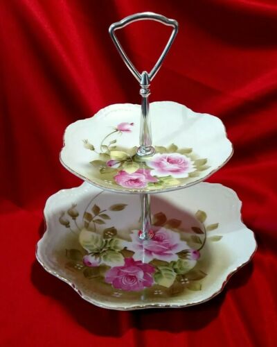 Vintage Lefton China 2 Tiered Tidbit Tray Server Hand Painted Pink Roses