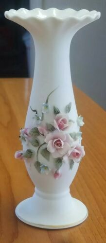 Lefton China #829 Floral Bud Vase Hand Painted 3D Pink Roses Bisque