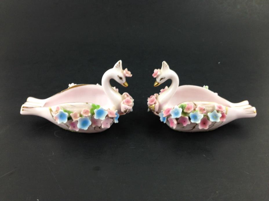 Vintage Pair Lefton Pink White Flower Swan Candy Trinket Dish Figure 3.5
