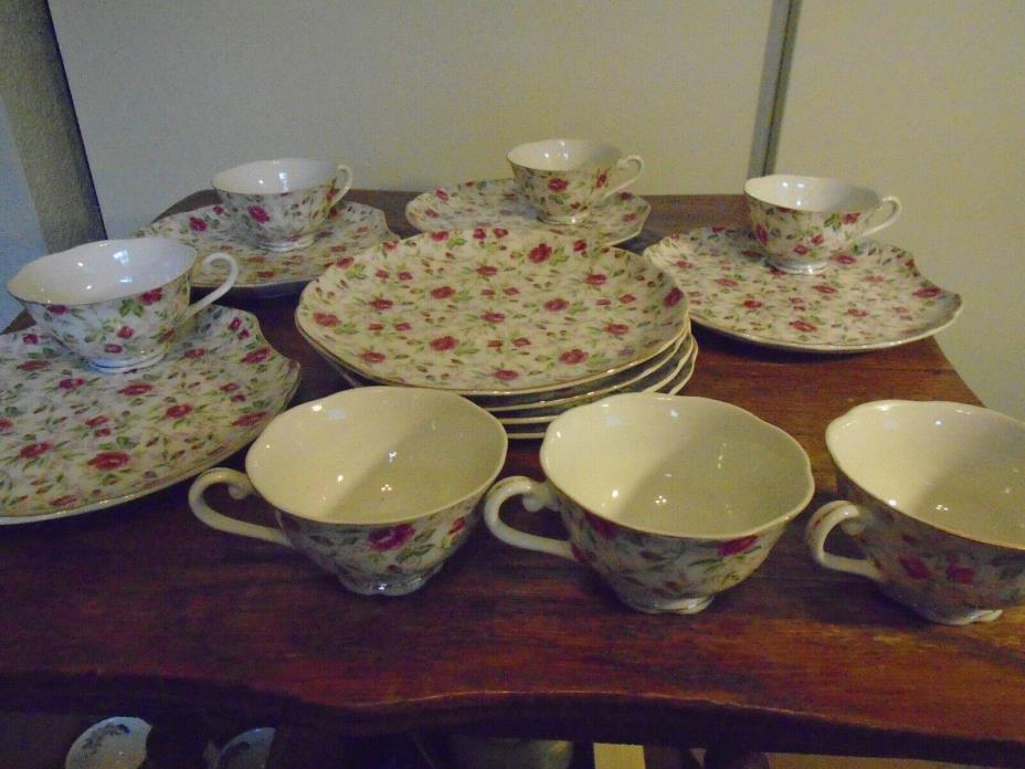 Lefton China Rose Chintz  Tea Cup and Snack Plate Set NE 937R-N Seven Sets (7)