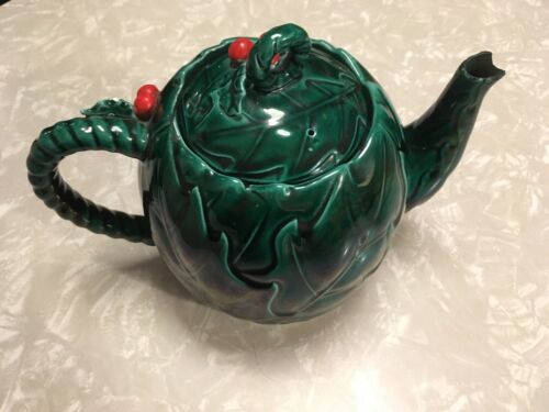 Vintage Lefton China Green Holly Christmas Berry Teapot w/ Lid