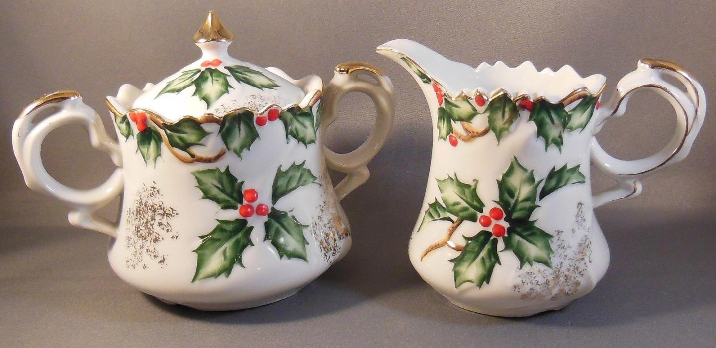 VTG Lefton China Holly Garland Hand Painted Creamer Sugar Bowl and Lid NE 1965