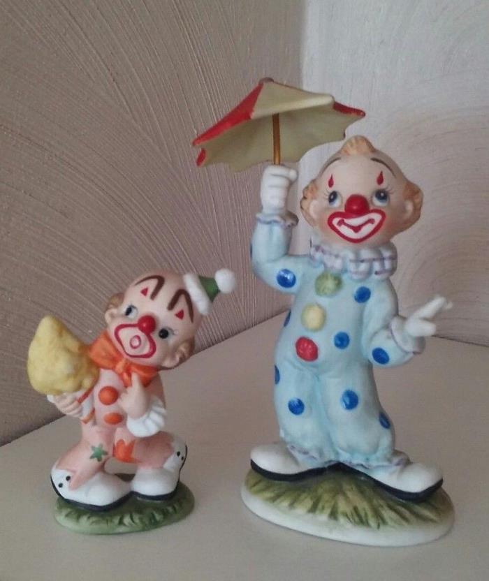 2 Vintage Lefton China Porcelain Clowns Umbrella & Cotton Candy Figurines