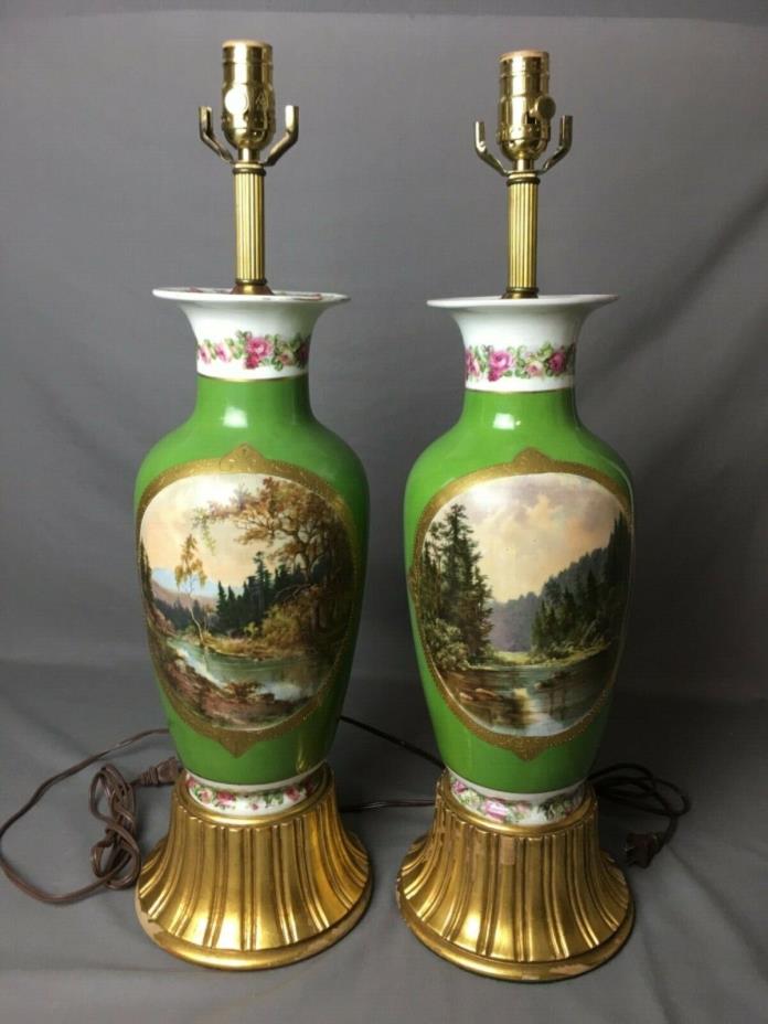 Set of 2 Antique 25” Old Paris Lamps ***Newly Rewired & New 3 Way Socket***