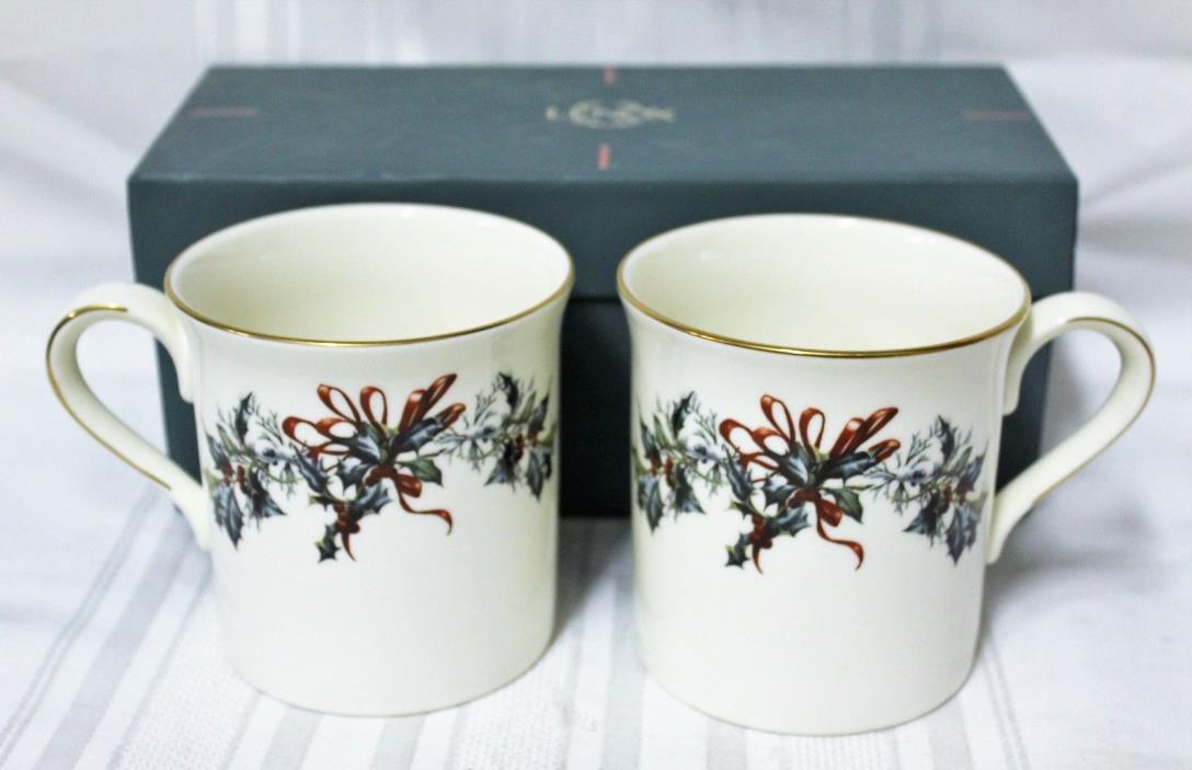 Lenox 1995 Winter Greetings Mugs Holly Berry Ribbons with Gold Trim - Set of 2