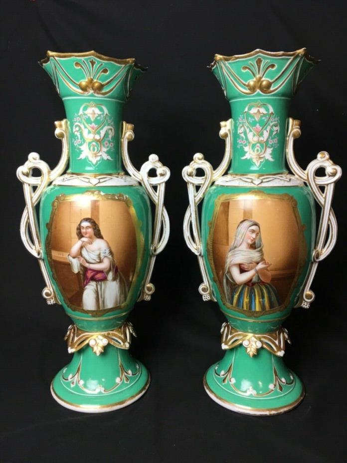 Set of 2 Antique 21” Old Paris Vases Green