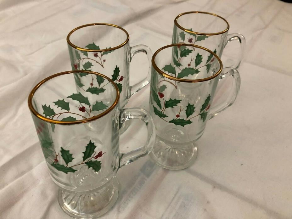(4) Lenox Holiday Christmas Holly & Berry Glass IRISH Coffee Cup Mug NEW