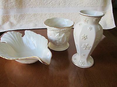 Lenox Ivory & Gold 3 Piece Scalloped Rim Footed Serving Bowl/Small Tray and Vase