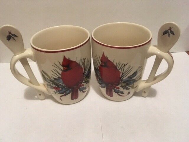 2 LENOX WINTER GREETINGS RED BIRD PORCELAIN CUPS SET (W/ SPOONS)