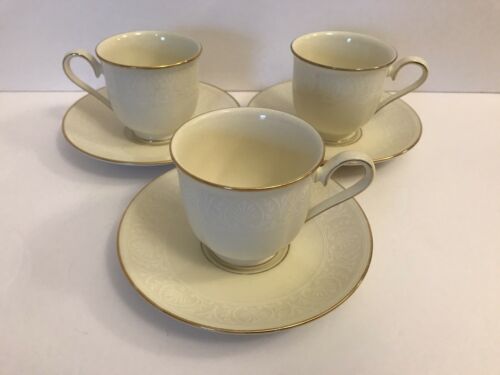 Set 3 LENOX Courtyard Gold Footed Tea Cups & Saucers Coffee Mugs White Ivory Lot