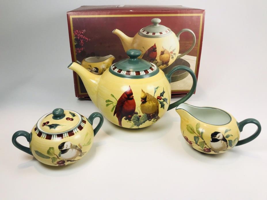 Lenox Winter Greetings Everyday Cardinal Bird Teapot Sugar & Creamer Tea Set