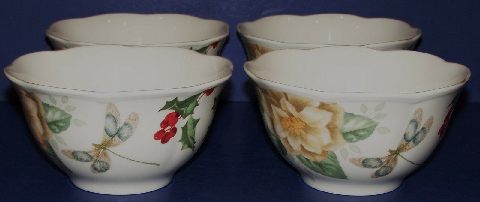 BEAUTIFUL SET OF 4 LENOX BUTTERFLY MEADOW HOLIDAY DRAGONFLY JASMINE RICE BOWLS