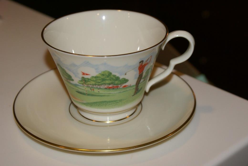 Lenox LARGE Coffee Cup GOLFER/SAUCER with Gold Trim Made in USA CUP D 4.5