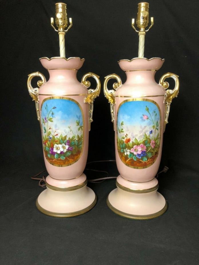 Set Of 2 Antique 24” Old Paris Lamps Pink Floral **Newly Rewired & New 3 Way***