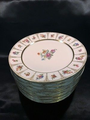LIMOGES FRANCE WM GUERIN & CO FLORAL PANEL GOLD LEAVES CHINA PLATE SET OF 12