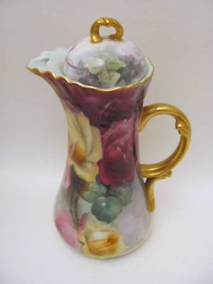 Gorgeous Hand Painted Antique Limoges Roses Chocolate Pot Jean Pouyat 1900