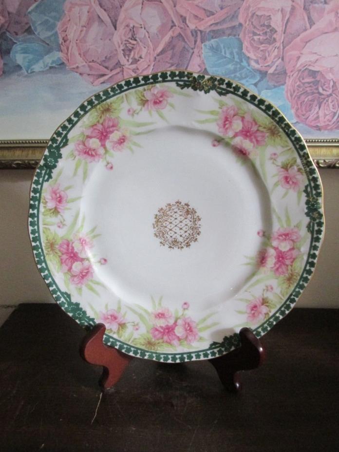 Limoges Elite France Hand Painted Plate Pink Roses Flowers Green Gold 8.5