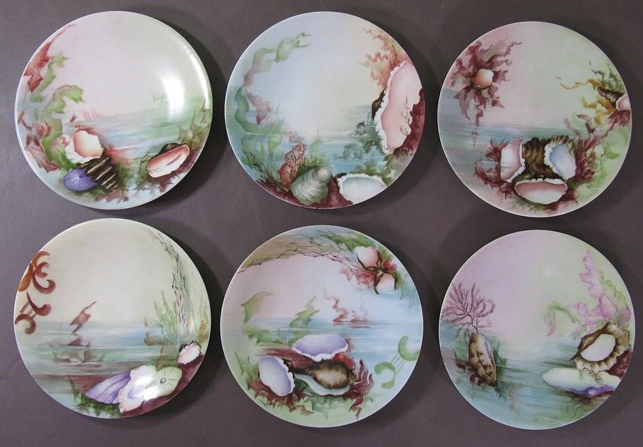 Jean Pouyat Limoges 1890-1932 JPL France 6 Seashell Cabinet Plates 7 1/2 inch