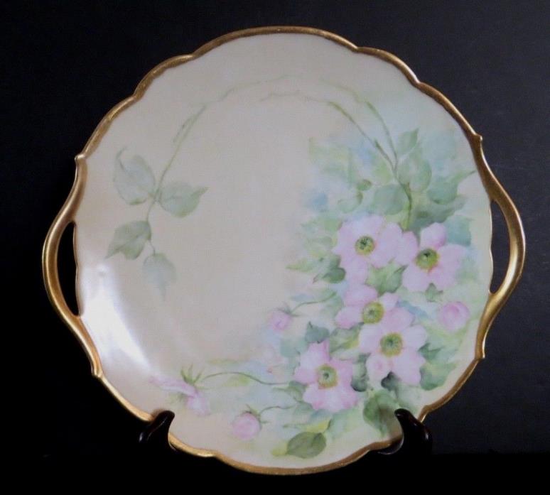 Antique T&V Limoges France Hand-Painted Cake Plate Gold Handles Floral pink