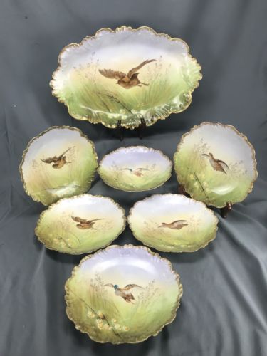 (7pc) Hand Painted LBH Limoges France Autumn Game Birds & Gold Plates w/ Platter