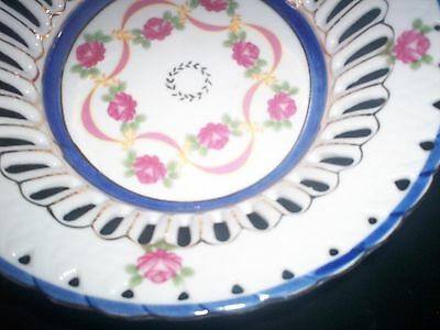 T. Limoges Porcelain Berry Bowl Dish Pink Roses/Ribbon Blue Gold Trim