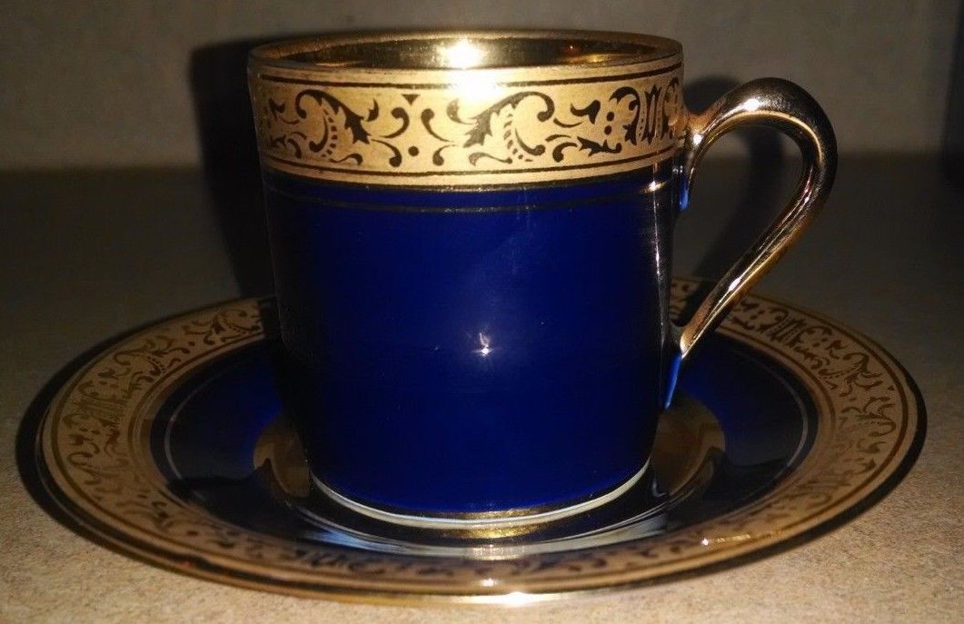 Limoges France Blue Gold Porcelain Demitasse Cup and Saucer