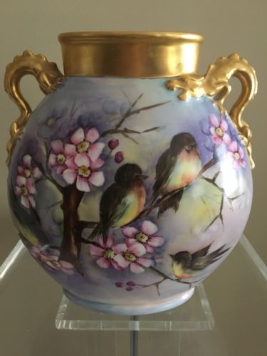 Superb JP Limoges France Vase w/ Birds And Flowers Dragon Handles Artist Signed