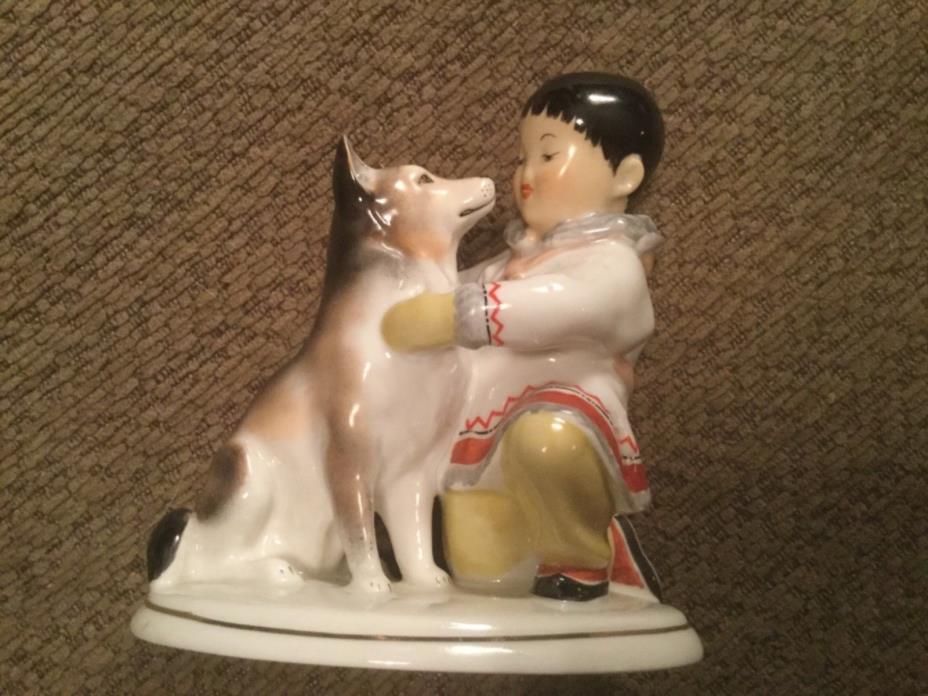Vintage ~Russian Lomonosov Eskimo Yakut Boy with Husky Dog ~ Figurine~Porcelain