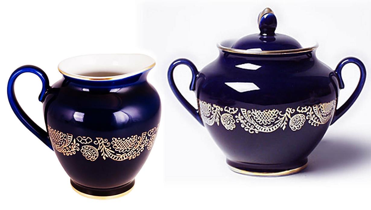 AUTHENTIC RUSSIAN Lomonosov porcelain Golden Frieze Sugar Bowl & Creamer