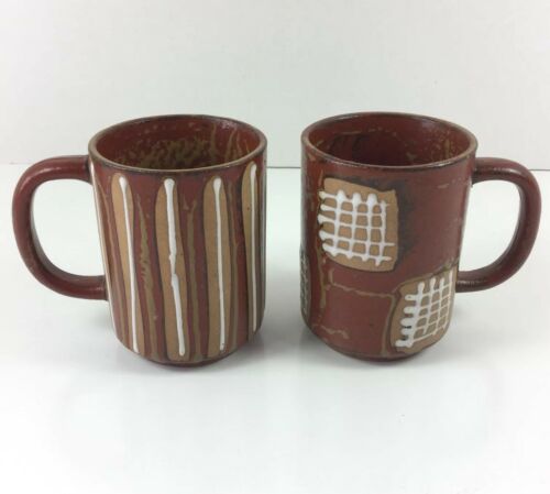 Set 2 Stoneware Mug Geometric Art Mid Century Made Japan Brown White Striped