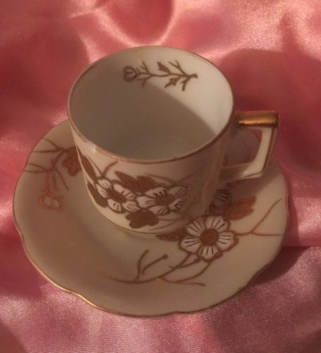 VTG Demitasseuj Cup & Saucer Hand Painted Made in Japan- Gold Leaf &  White