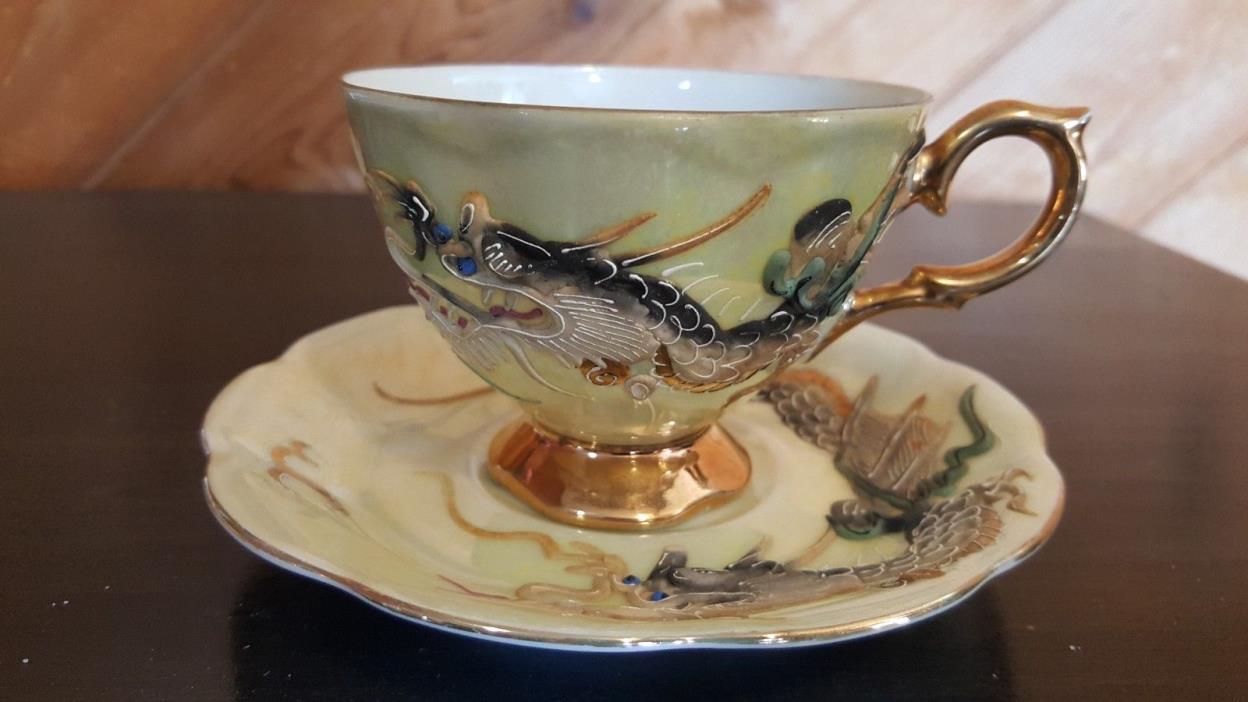 SHAFFORD DRAGONWARE HAND PAINTED JAPAN YELLOW LUSTER DRAGON TEA CUP & SAUCER