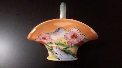 Vintage Peach Lusterware Hand Painted Basket Pictorial Scene - Japan